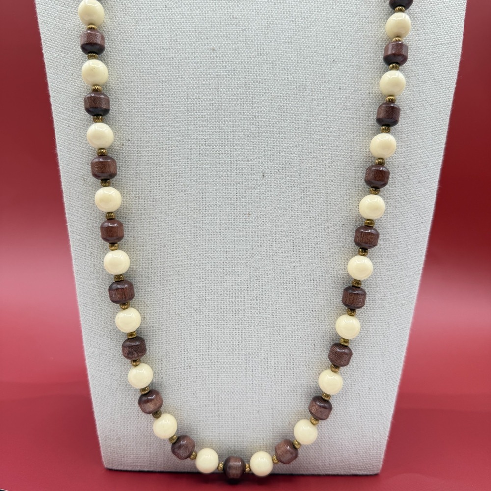 Brown Wood Cream Beaded Long Necklace Gold Tone Spacer Boho Vintage Statement